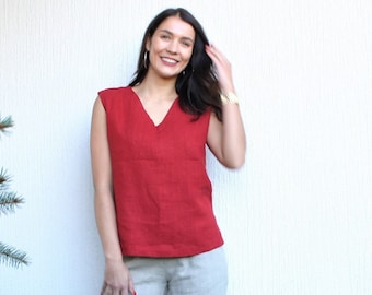 Haut en lin rouge NIT, vêtements rouges, vêtements pour femmes, haut à col en V, vêtements naturels
