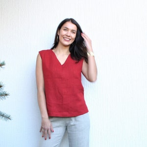 Red linen top NIT,  red clothing,  clothing for women,  V-neck top, natural clothing
