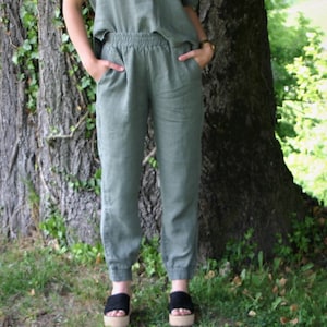 Pantalón de lino MAJA, pantalón de lino natural para mujer con cinturilla elástica, pantalones casual, ropa natural