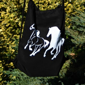 Black linen backpack, drawstring backpack, black bag, bag with the symbol horse, hand bags