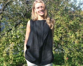 Schwarze Leinenbluse NEVA, Leinenbluse mit Knöpfen, lose Leinenbluse, Leinenbekleidung