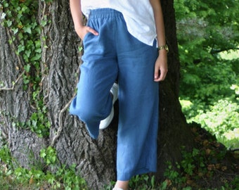 Pantalon en lin bleu MIA, vêtement naturel, pantalon large en lin, jupe-culotte en lin, pantalon pour femme