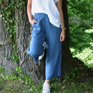 Blue linen pants MIA, natural clothing, wide linen pants, linen culottes, pants for women