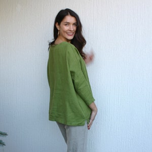 Wide linen tunic NICA, green tunic, oversized tunic, linen shirt for women, 3/4 sleeve shirt