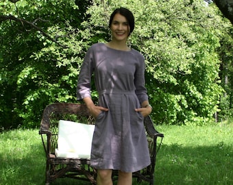 Linen dress with belt BELA, linen dress with sleeves and pockets, purple linen dress, midi dress