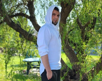 Men's linen hoodie, white shirt,  natural clothing