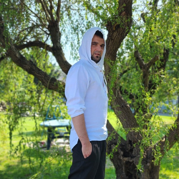 Men's linen hoodie, white shirt,  natural clothing