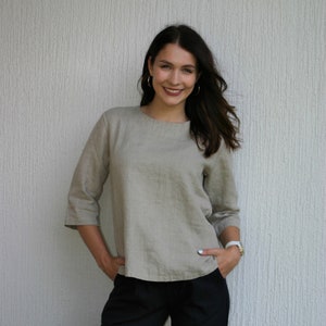 Natürliche Leinenbluse NERA für Frauen, weiches Leinentop, Leinenbluse mit Ärmeln, natürliche Kleidung