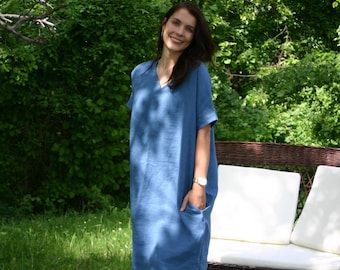 Linen blue midi dress BREDA, dress with sleeves and pockets,  dress for summer, knee length dress,linen tunic dress