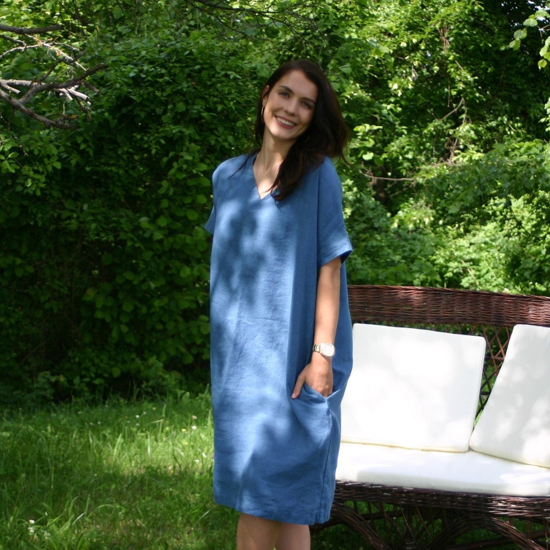 Linen Blue Midi Dress BREDA, Dress With Sleeves and Pockets, Dress for