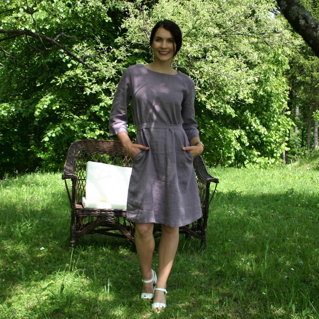 ESLA Linen Dress with Belt  Button Down Style