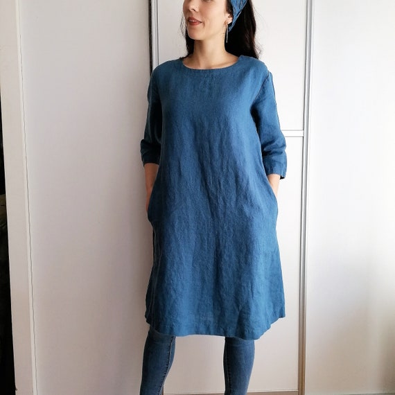 Blue Linen Dress for Women Bela, Midi Dress with 3/4 Sleeves and Pockets, Natural Clothing
