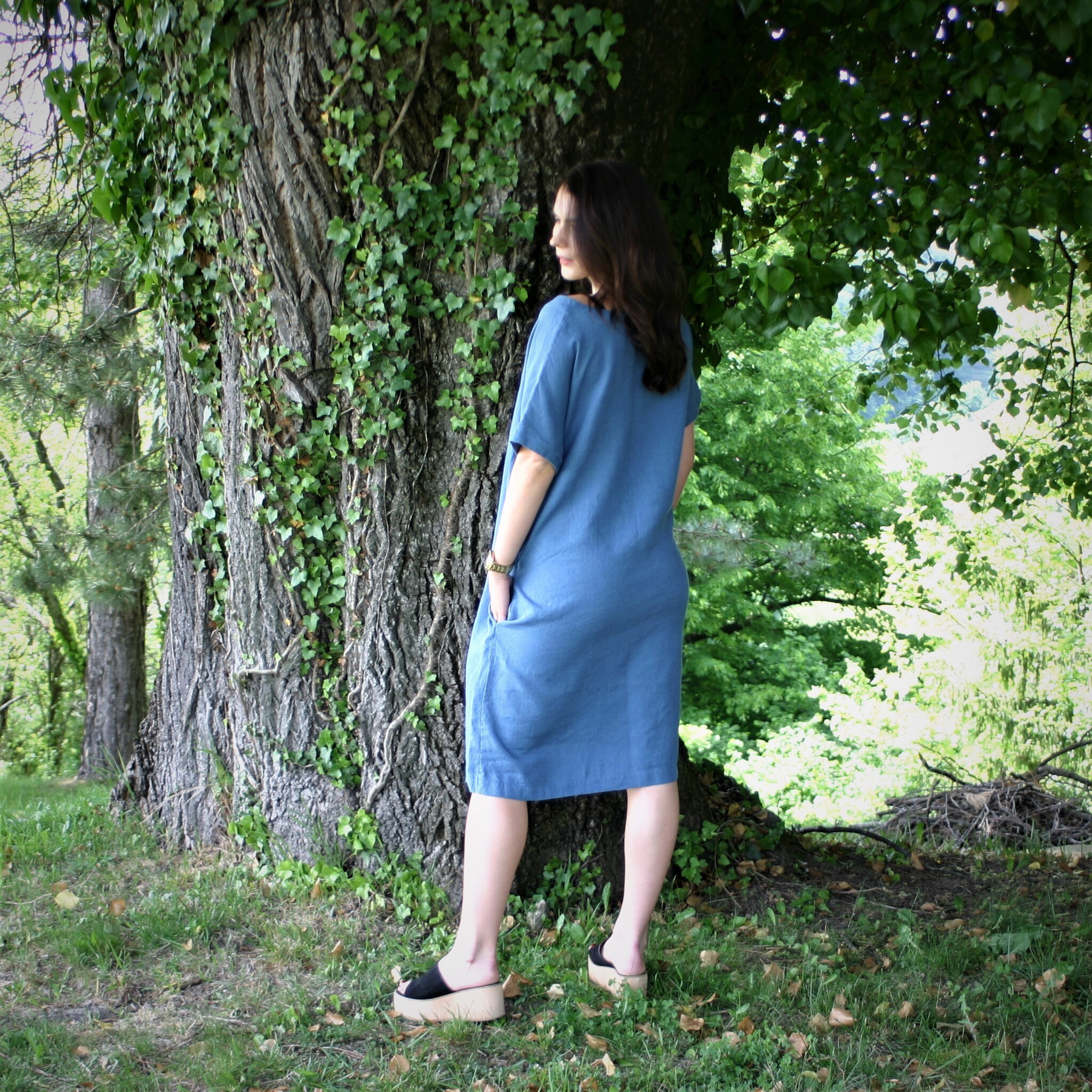 Linen Blue Midi Dress BREDA, Dress With Sleeves and Pockets, Dress for