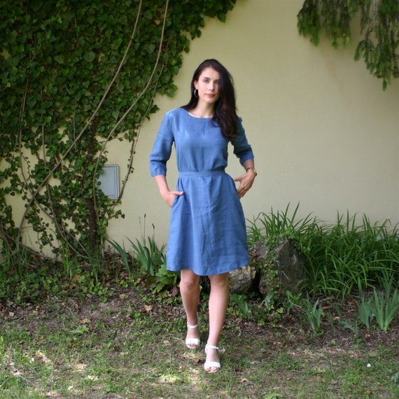 Blue linen dress BELA, midi linen dress with a belt, dress with 3/4 sleeves Blue linen dress BELA, midi linen dress with a belt, dress with 3/4 sleeves