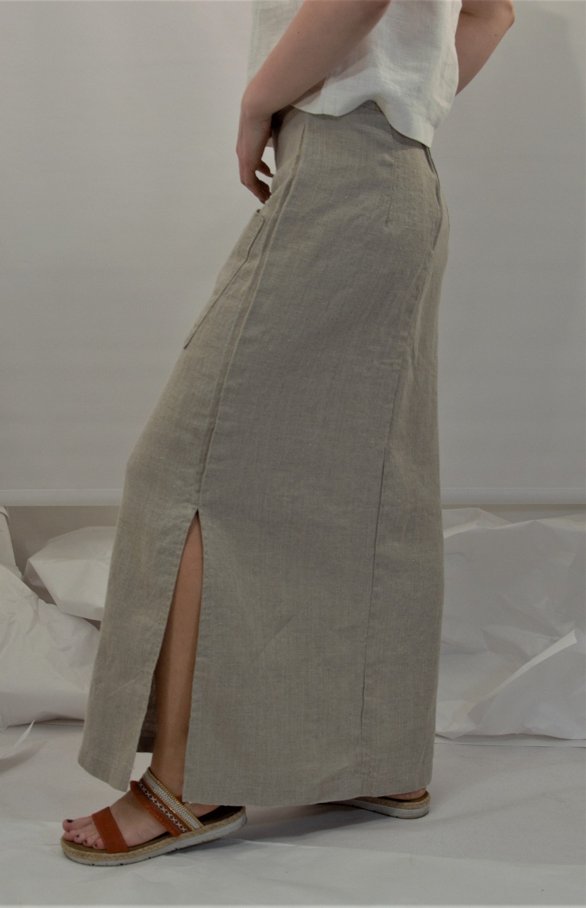 Beige Linen Maxi Skirt With Gold Pattern Detail