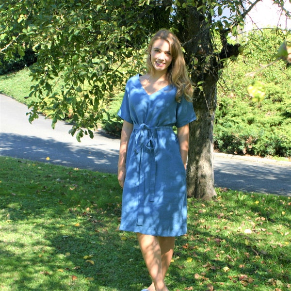 Blue linen dress BREDA, dress with a belt,  linen dress for women, natural clothing, V- neck dress