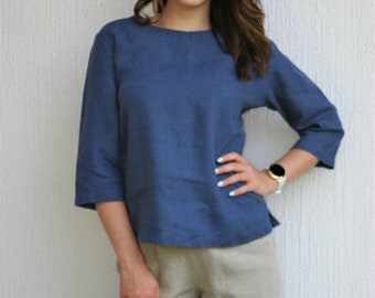 Linen blue blouse NERA for women, blue top,  linen shirt
