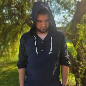 Hooded shirt, deep  blue shirt, linen shirt