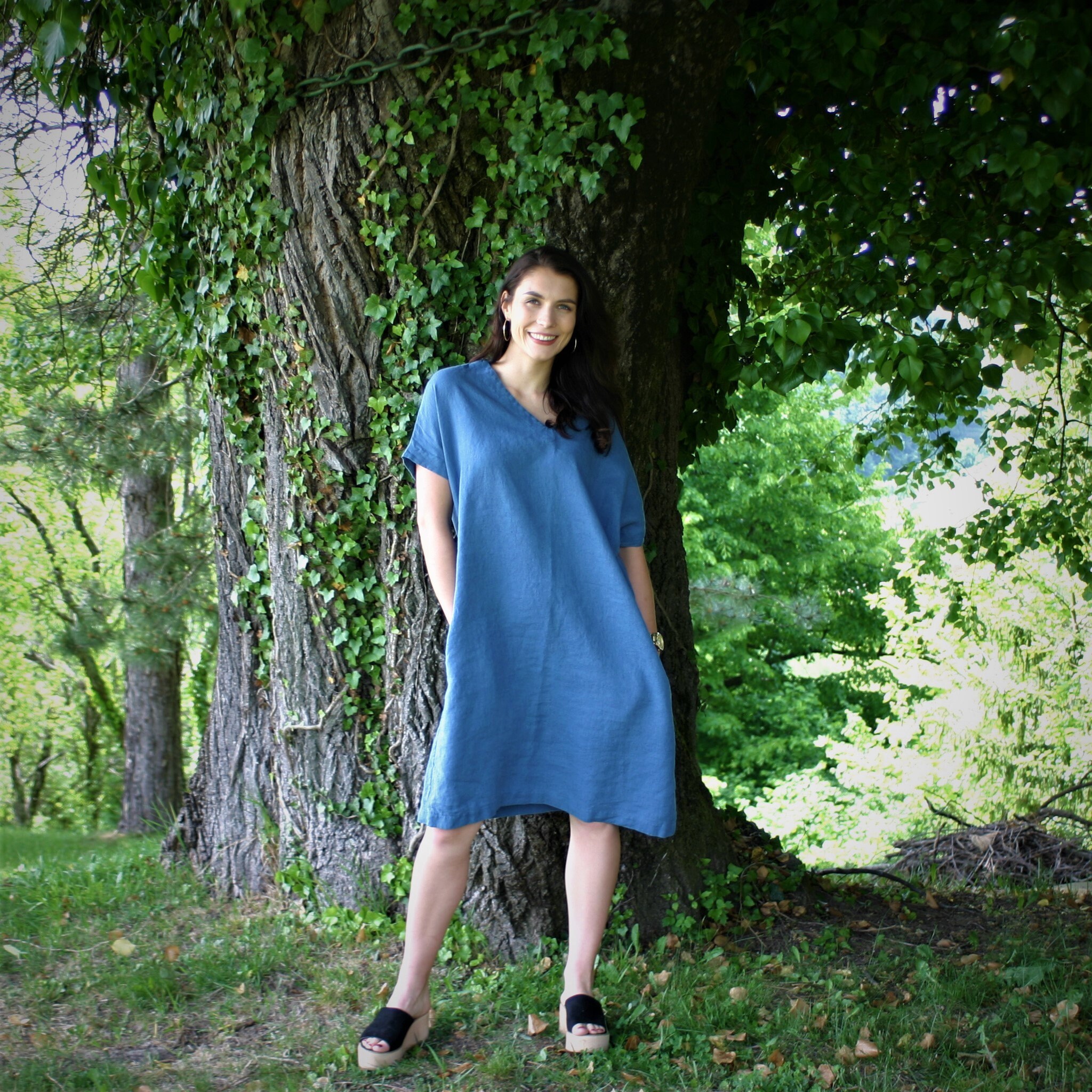 Linen Blue Midi Dress BREDA, Dress With Sleeves and Pockets, Dress for