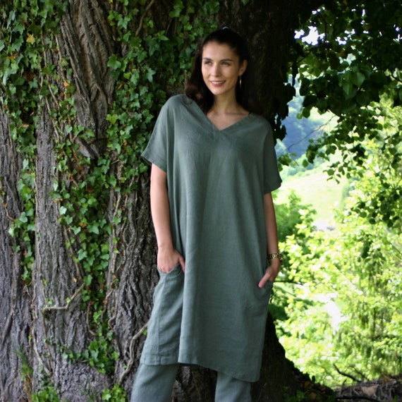 Linnen groene jurk voor dames BREDA linnen kleding losse linnen