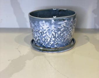 handmade ceramic planter with saucer, decorative flower pot blue glazed textured pot.
