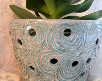 White Speckled Ceramic Orchid Pot with Air Holes & Saucer, Minimalist Stoneware Planter