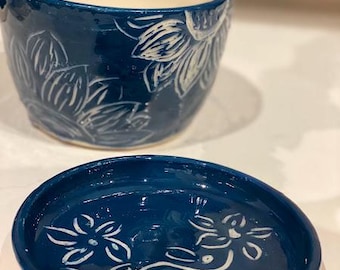 Handmade Ceramic Planter with Saucer: Blue Floral Indoor Plant Pot