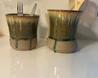 Ceramic handmade kitchen utensil green grey holder