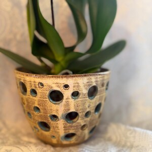 Ceramic Orchid Pot with Saucer: Yellow & Blue Pottery Planter