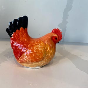 Handmade Ceramic Chicken Figurine – Bright Red and Orange Farmhouse Decor. Rustic Home Ornament / Whimsical Gift.