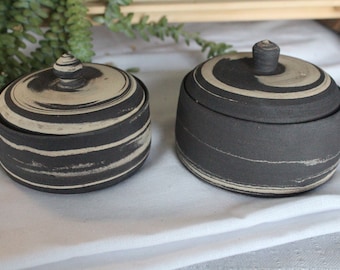 Black & white storage Jar kitchen organizer food ceramic handmade. Set of minimalist naked clay lidded sugar jar ,honey jar. Canister Sets