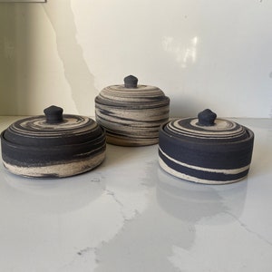 Black & white storage Jar kitchen organizer food ceramic handmade. Set of minimalist naked clay lidded sugar jar ,honey jar. Canister Sets