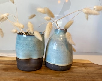 May include: Two blue and brown ceramic vases with a dark brown rim, filled with dried white pampas grass on a wooden surface.