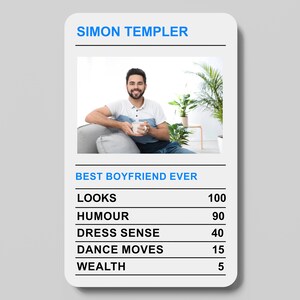 May include: A white card with a photo of a man smiling and holding a mug. The card has the text "SIMON TEMPLER" at the top and "BEST BOYFRIEND EVER" below the photo. The card has a list of qualities with scores: LOOKS 100, HUMOUR 90, DRESS SENSE 40, DANCE MOVES 15, WEALTH 5.