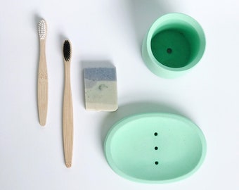 Green concrete soap dish and toothbrush holder Set