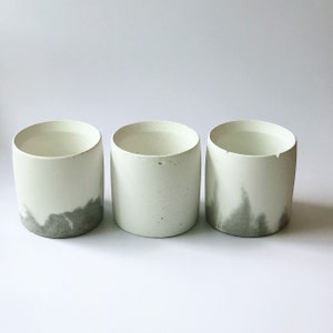 May include: Three cylindrical planters with a white upper section and a gray, textured lower section. The planters are arranged in a row against a white background. The planters are likely made of concrete.