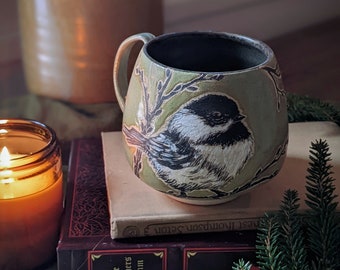 PRE-ORDER* Winter Chickadee Mug- Handmade Ceramic Bird Mug