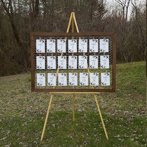 38in x 28in Framed chicken wire rustic wedding seating chart, collage frame Your seat awaits Farmhouse country wedding decor, Find your seat