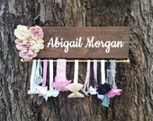 Personalized Headband and bow holder with flowers. Shabby chic baby girl nursery decor, Baby shower gift, Necklace display, Head wrap holder