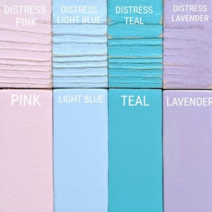 May include: A color chart showing ten different shades of distressed paint. The colors are white, cream, pink, light blue, teal, lavender, navy, and gray.