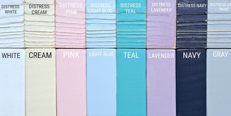 May include: A color chart showing ten different shades of distressed paint. The colors are white, cream, pink, light blue, teal, lavender, navy, and gray.