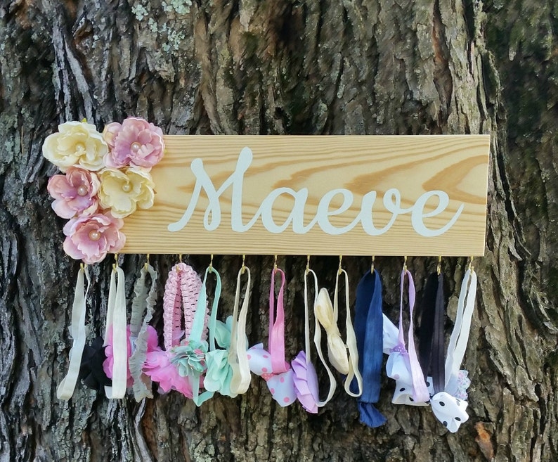 Jewelry organizer Bow holder Personalized Headband holder with flowers and hooks Naturalistic nursery decor Baby shower gift