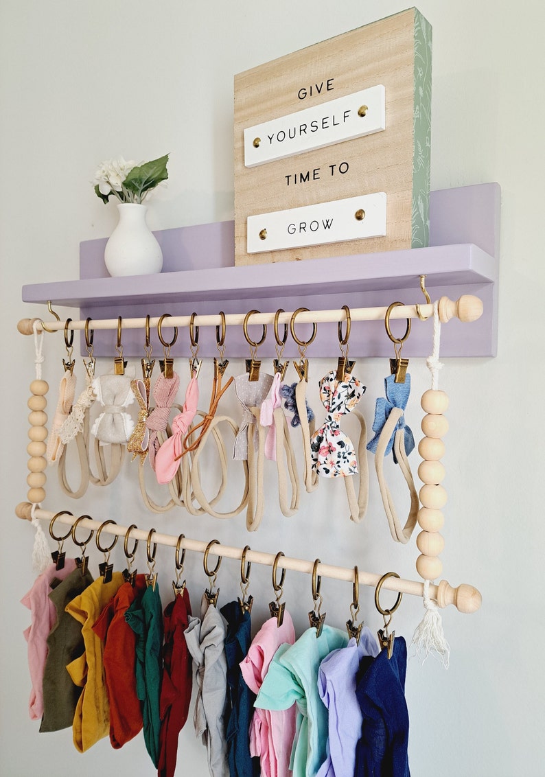 Headband holder, Bow holder for baby girl, Nursery Shelves, Macramé hair clip holder with 2 rods and 24 clips Lavender Paint