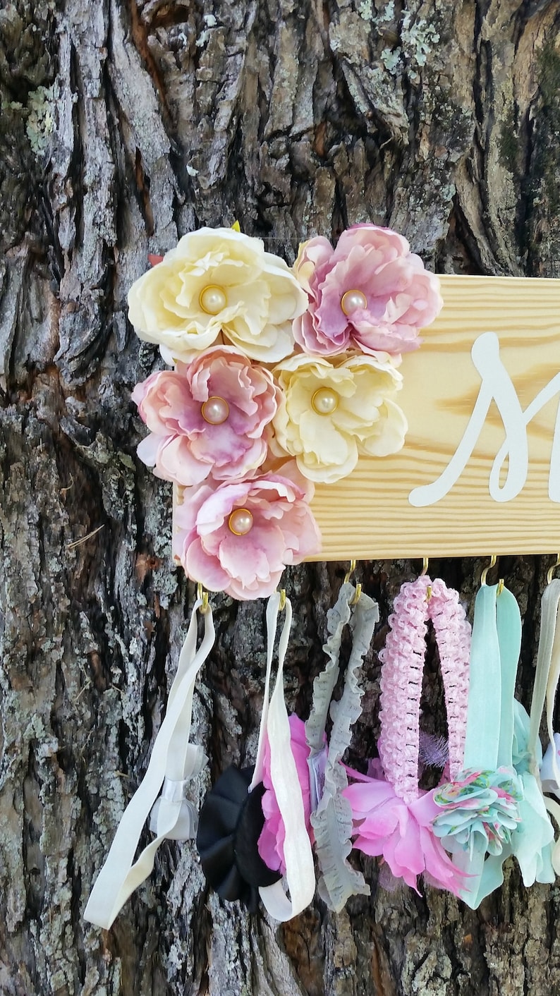 Jewelry organizer Bow holder Personalized Headband holder with flowers and hooks Naturalistic nursery decor Baby shower gift