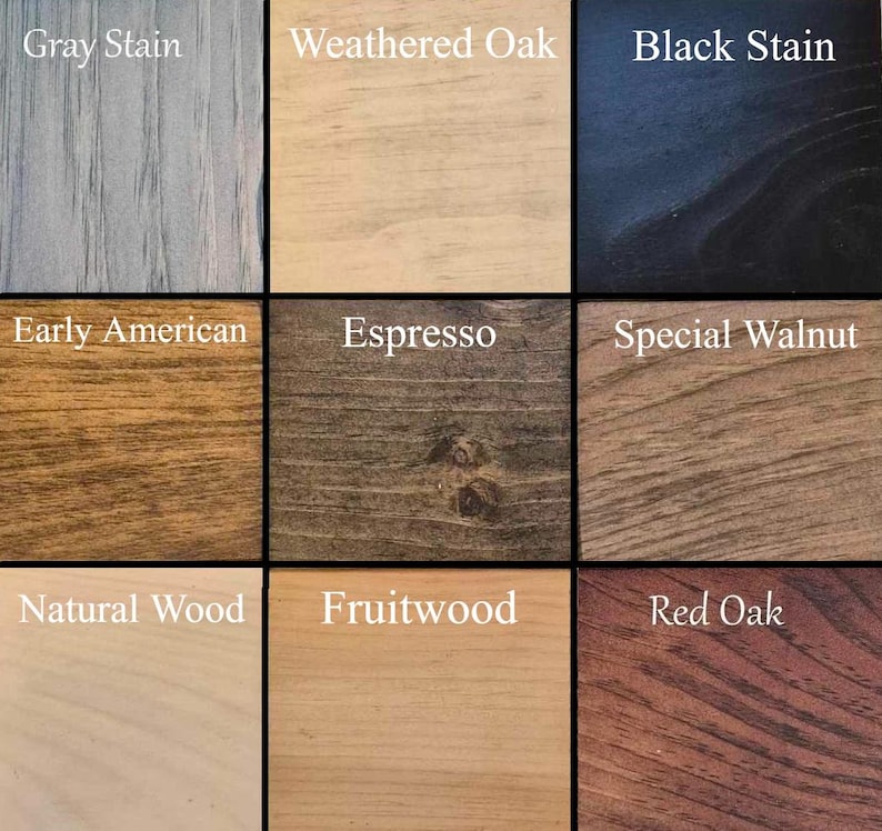 May include: Nine wood stain samples, each labeled with its name: Gray Stain, Weathered Oak, Black Stain, Early American, Espresso, Special Walnut, Natural Wood, Fruitwood, and Red Oak.