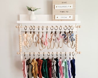Headband holder, Bow holder for baby girl, Nursery Shelves, Macramé hair clip holder with 2 rods and 24 clips