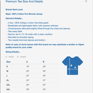 May include: Size chart for a t-shirt with measurements in inches. The chart shows the width and height of the shirt in different sizes, from S to 3XL. The chart also includes a diagram of a t-shirt with the measurements labeled A and B.