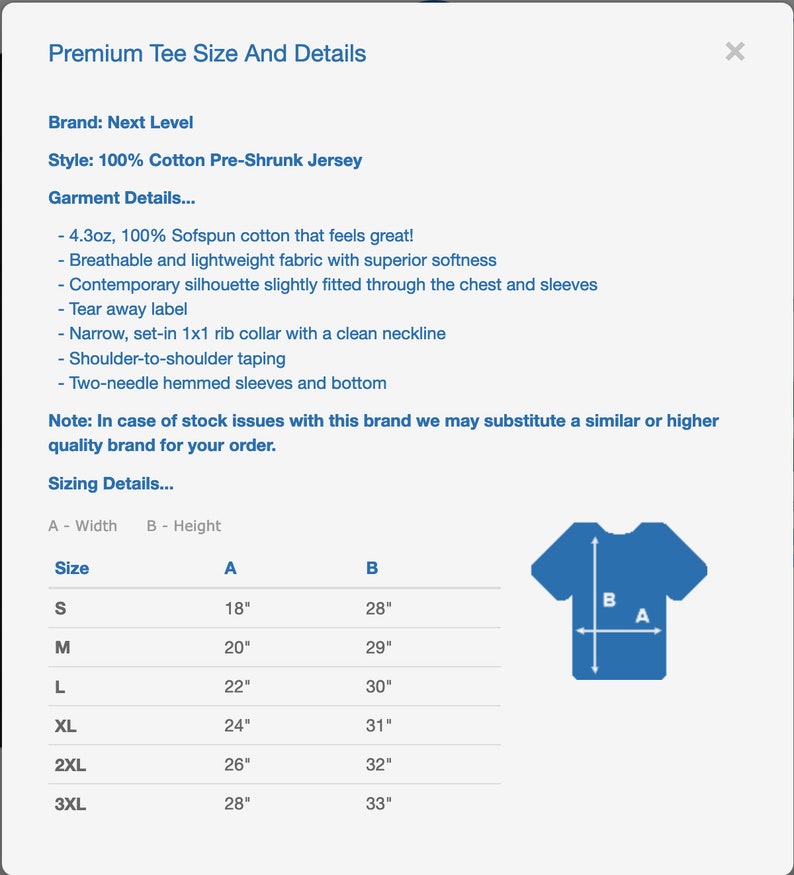 May include: Size chart for a t-shirt with measurements in inches. The chart shows the width and height of the shirt in different sizes, from S to 3XL. The chart also includes a diagram of a t-shirt with the measurements labeled A and B.