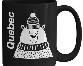 Quebec Canada Mug Black Coffee Cup Gift for French Canadian Explorer Nordic Folk Art Polar Grizzly Black Bear