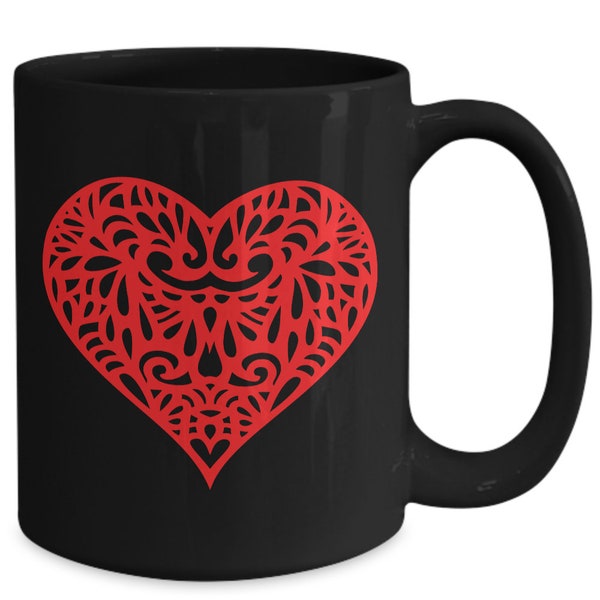 Red Hot Heart Mug - Black Ceramic Coffee Cup - Funny Gift for Wedding, Shower, Anniversary, Love, Valentine, Sweetheart,